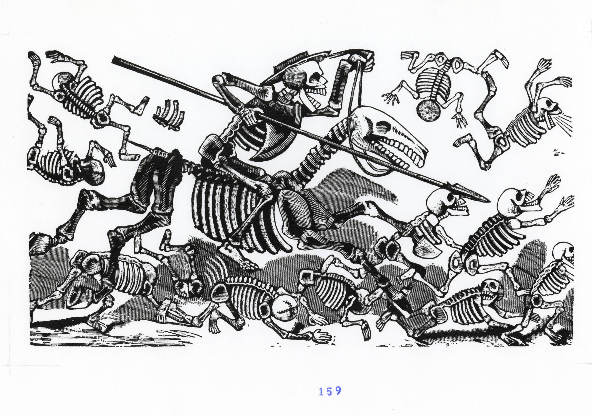 The print features a skeleton wearing a hat and holding a spear riding a horse skeleton, riding to the right. They're surrounded by tons of little skeletons running on their hands and feet.
